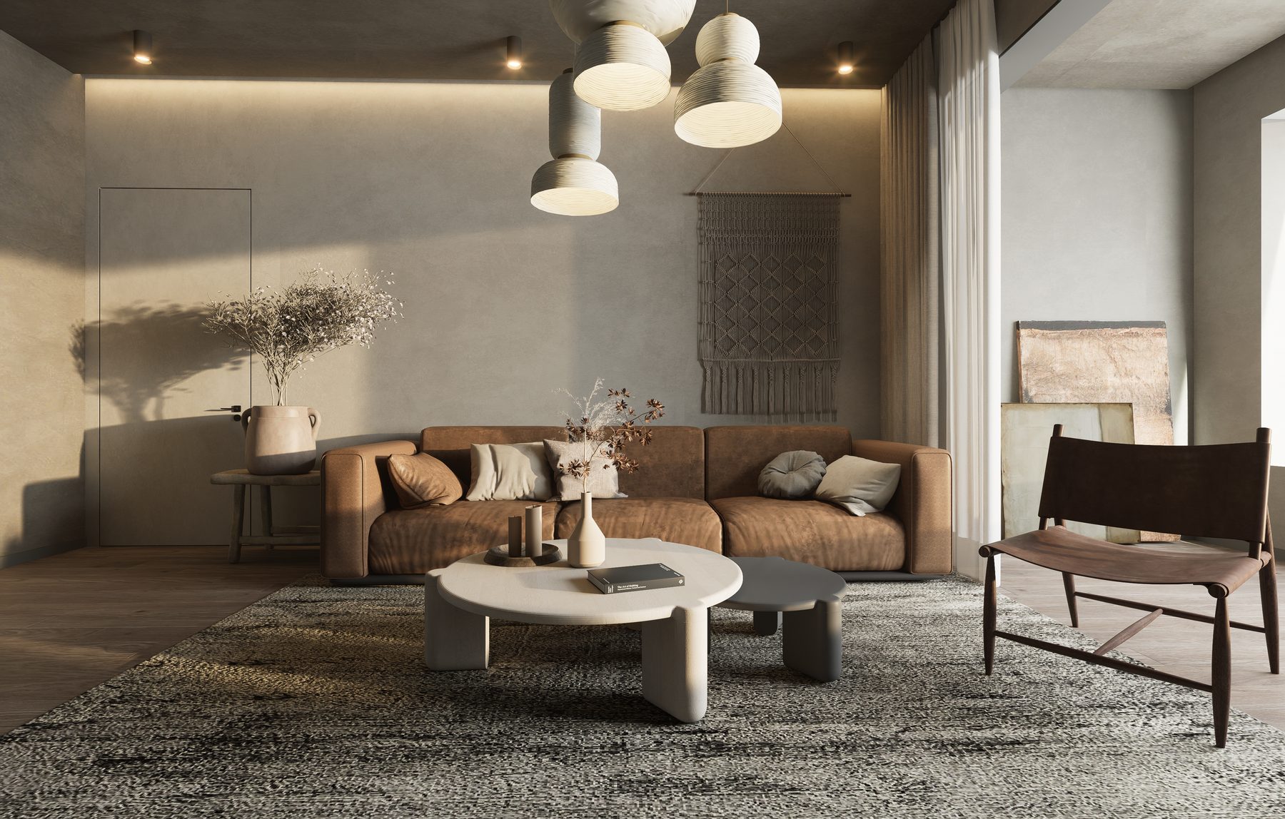 Rendering di un soggiorno con il divano color cuoio e il tavolino bianco
