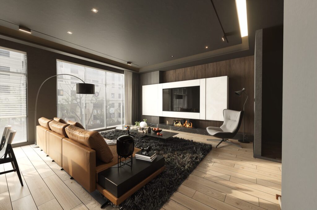 Rendering di un open space con il divano in pelle e il camino