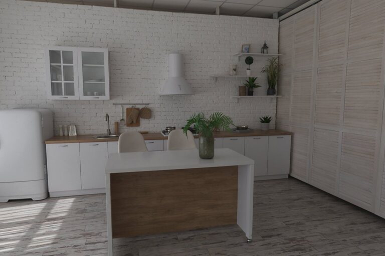 Una cucina bianca con i pensili a vetri, il frigorifero bianco e il bancone in legno