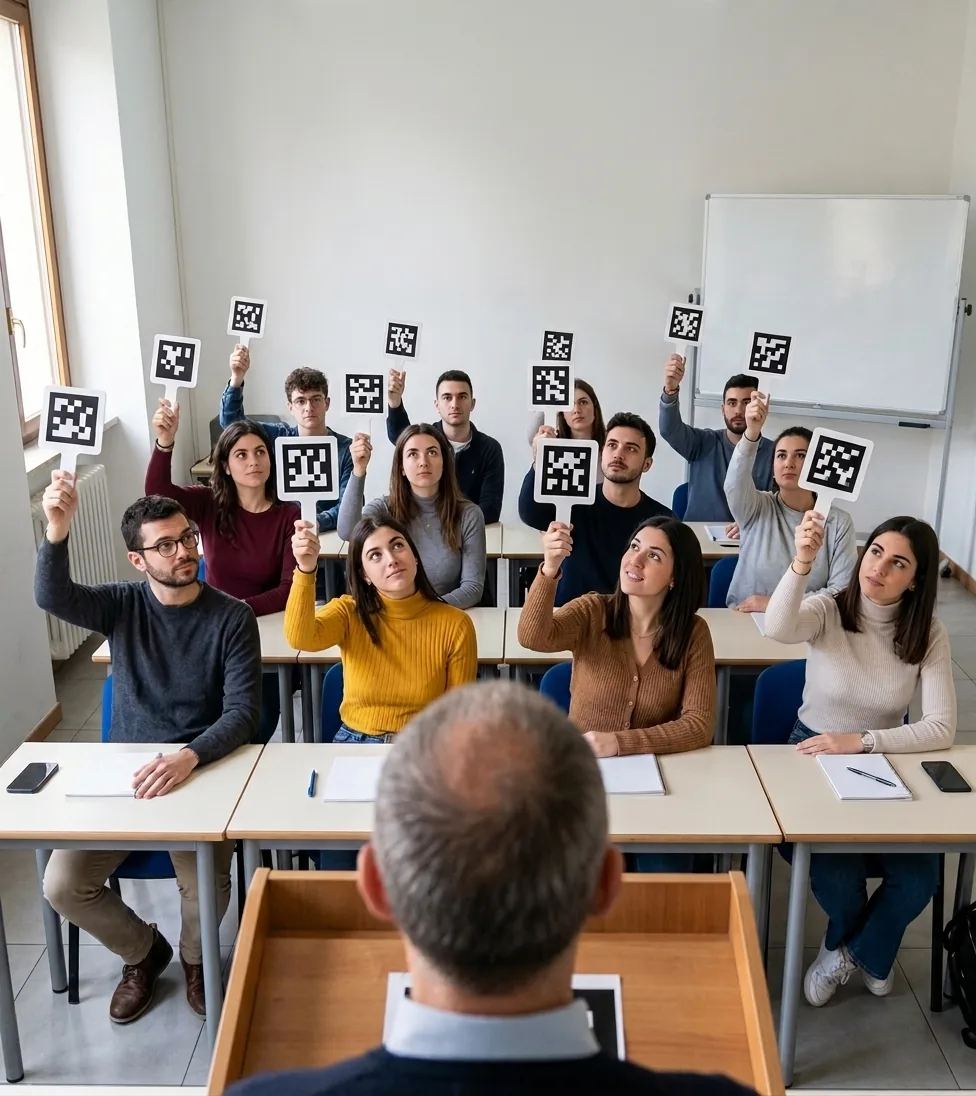 In classe, gli studenti alzano dei cartoncini stampati con le risposte