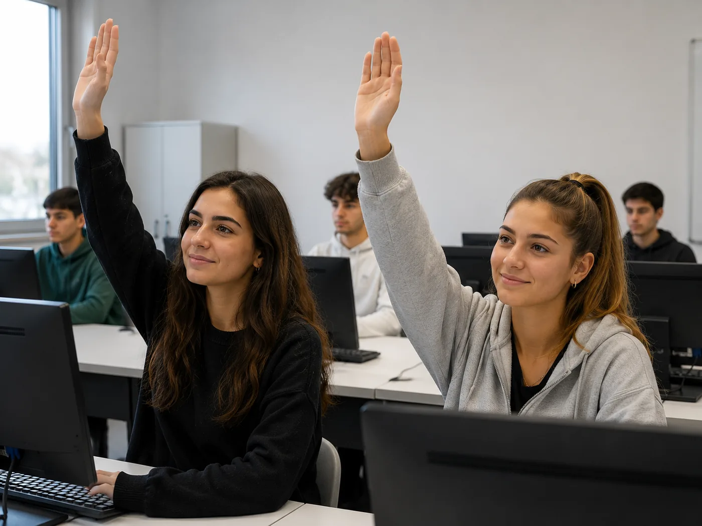 In un laboratorio, due studentesse alzano la mano sorridendo